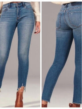AF 00 Harper Low Rise Ankle Skinny Jeans Medium Blue Chewed Abercrombie & Fitch